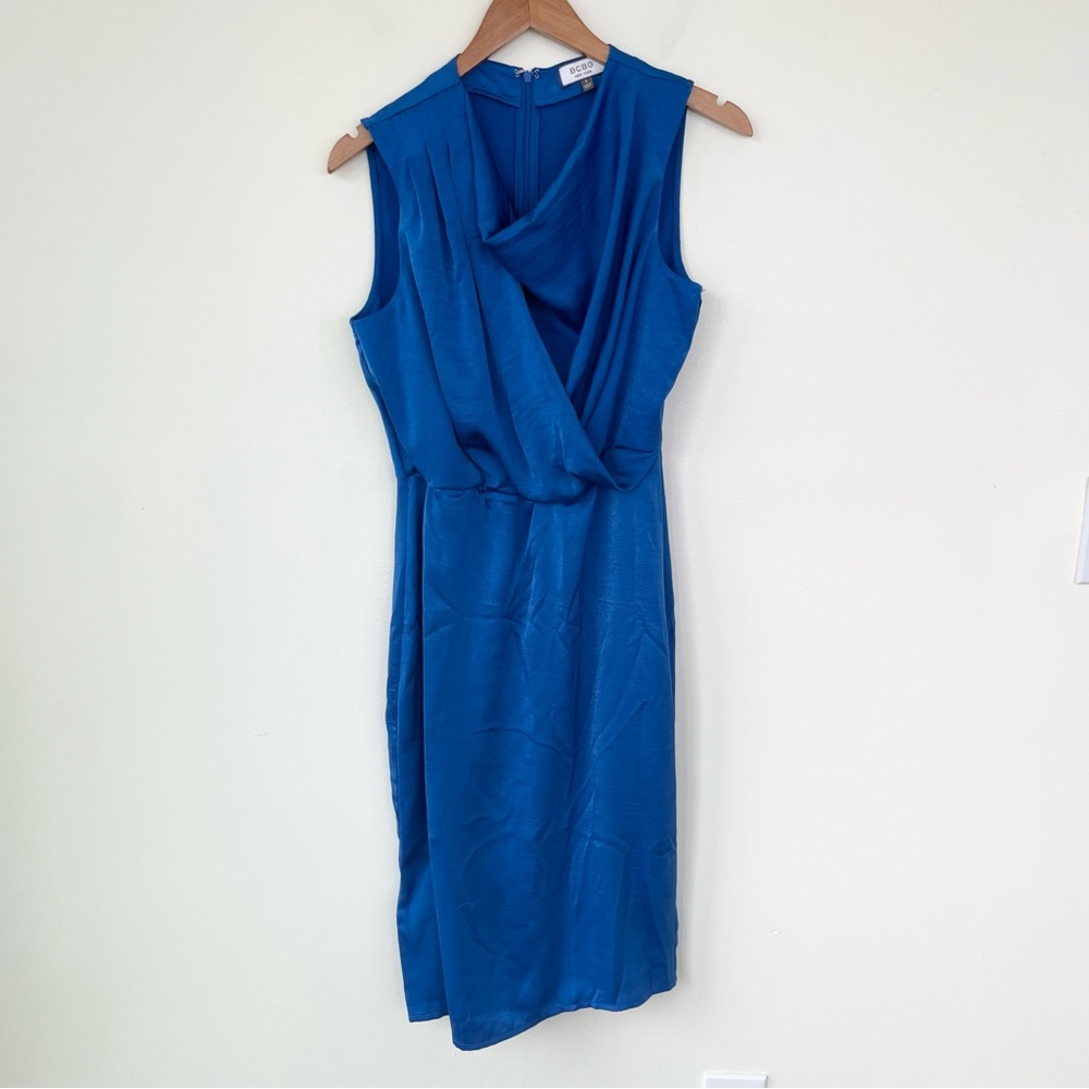 BCBG New York Cobalt Blue Sleeveless Cowl Neck Midi Dress S Small Satin